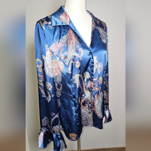 Spense Paisley Satin Blouse - Blue pink Ruffle Statement Sleeve Button Up Large - Picture 11 of 16